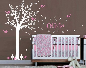 Tree Wall Decal with Birds Leaves & Customised Name